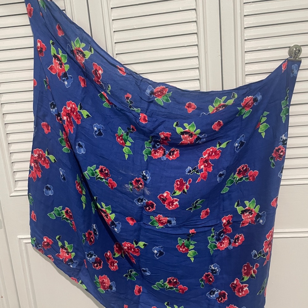 kate spade Blue Floral infinity Scarf with Red and Green Accents